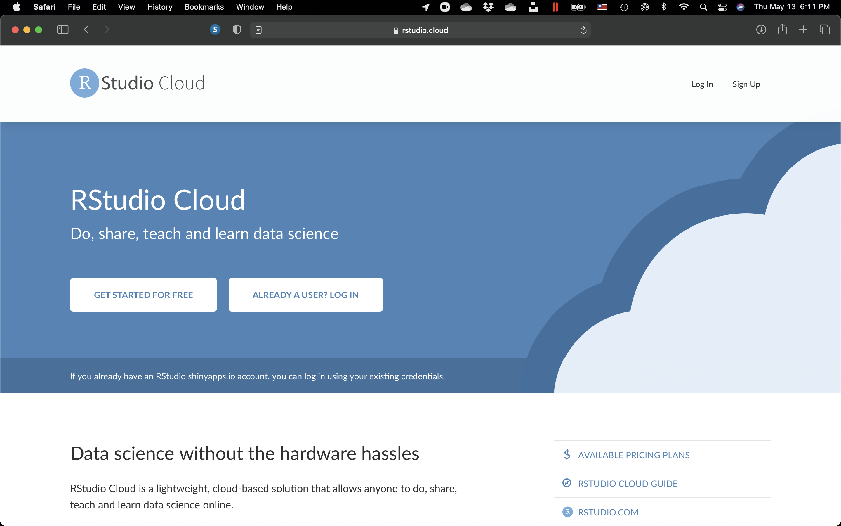 The RStudio Cloud landing page.