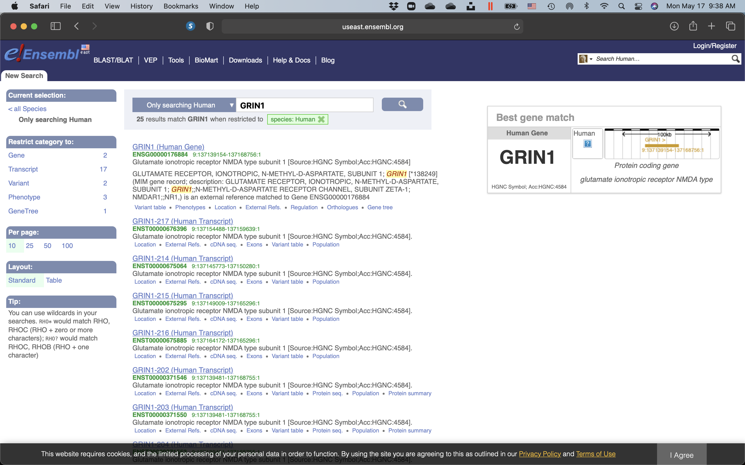 Page displaying pointers to pages containing information on GRIN1A