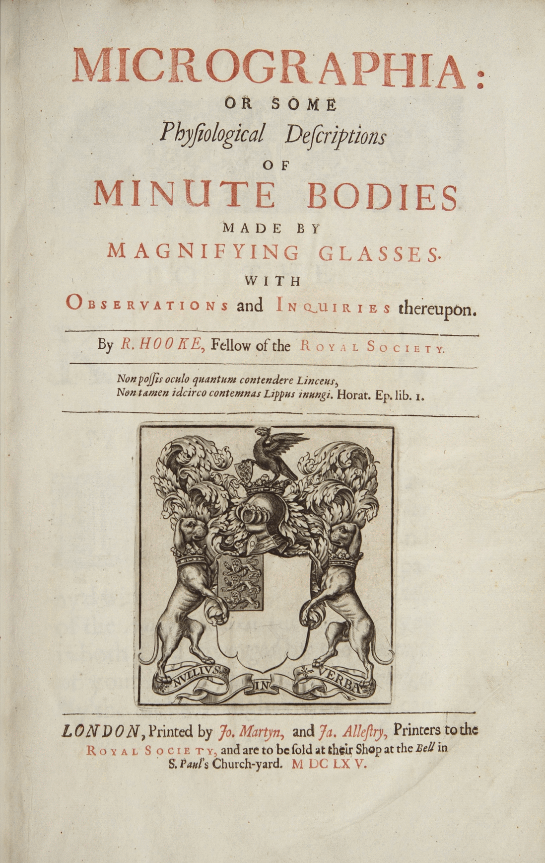 Title page of “MICROGRAPHIA or some physiological descriptions of minute bodies made by magnifying glasses with observations and inquiries thereupon”.