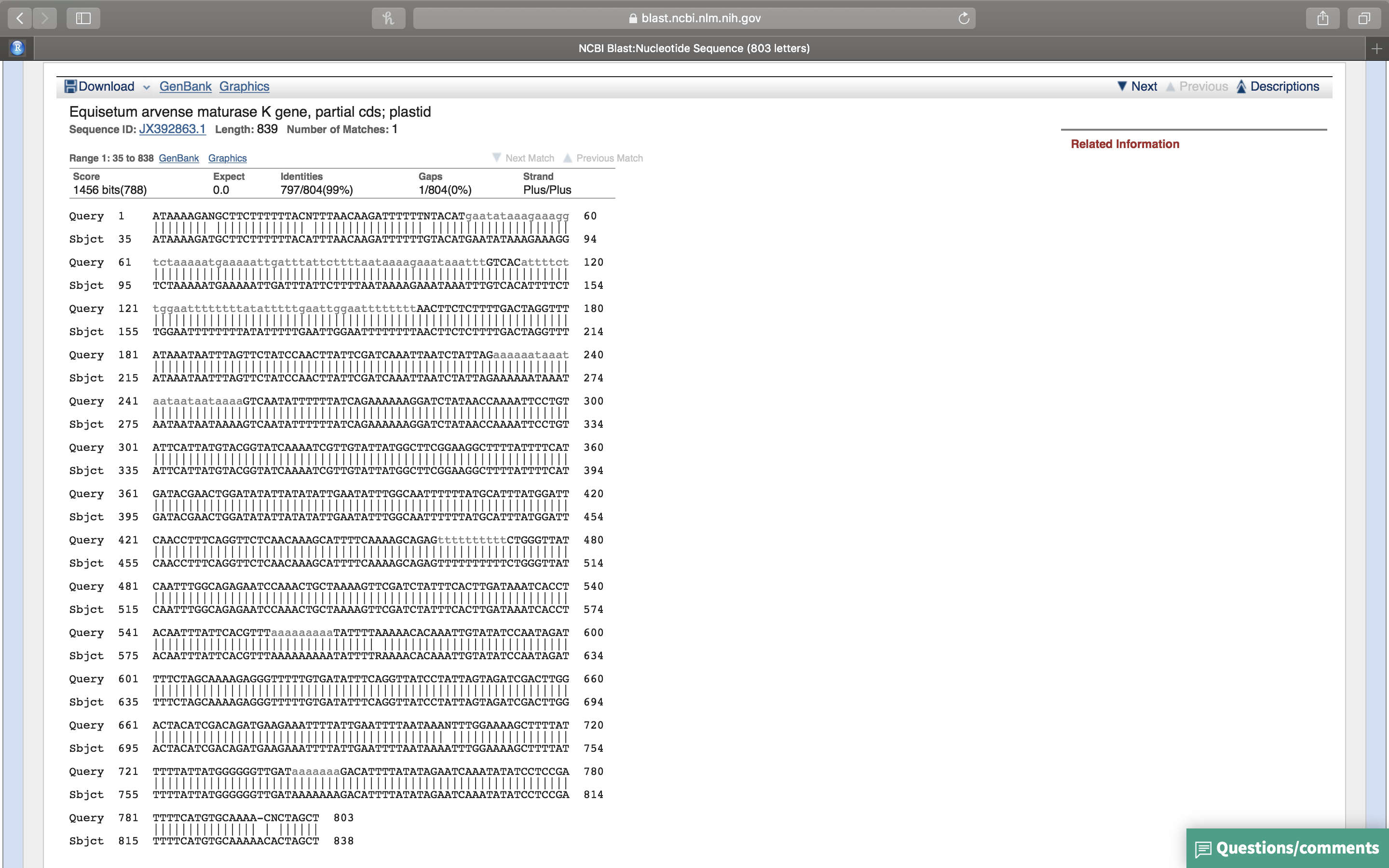 Alignment of the best retrieved sequence with the query sequence.