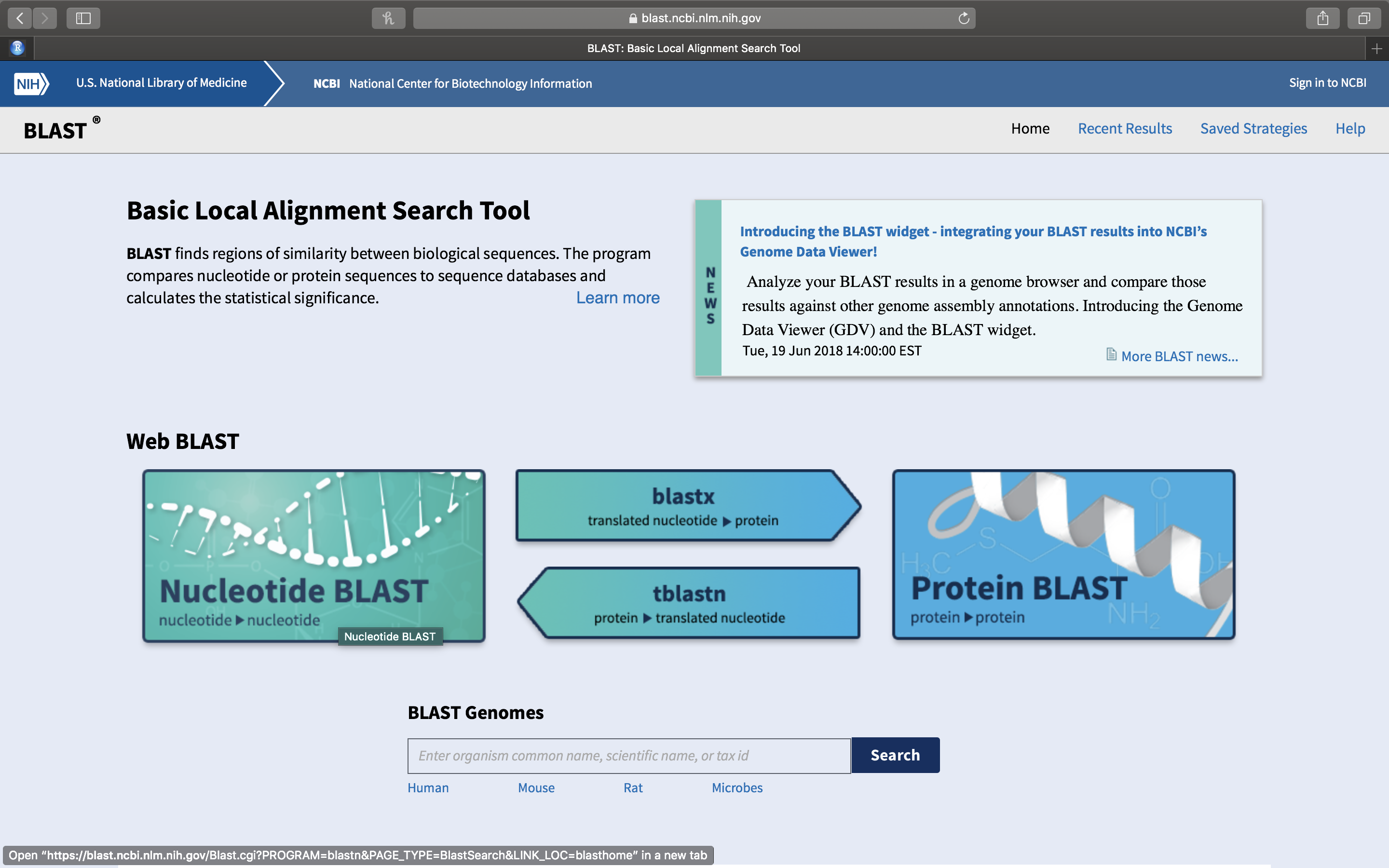 The Basic Local Alignment Search Tool (BLAST) start page.