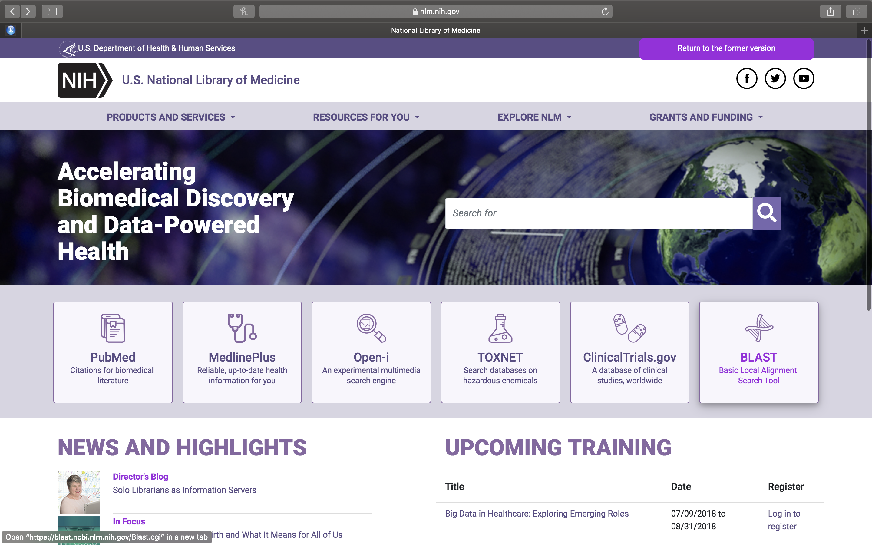 The web page of the U.S. National Library of Medicine.