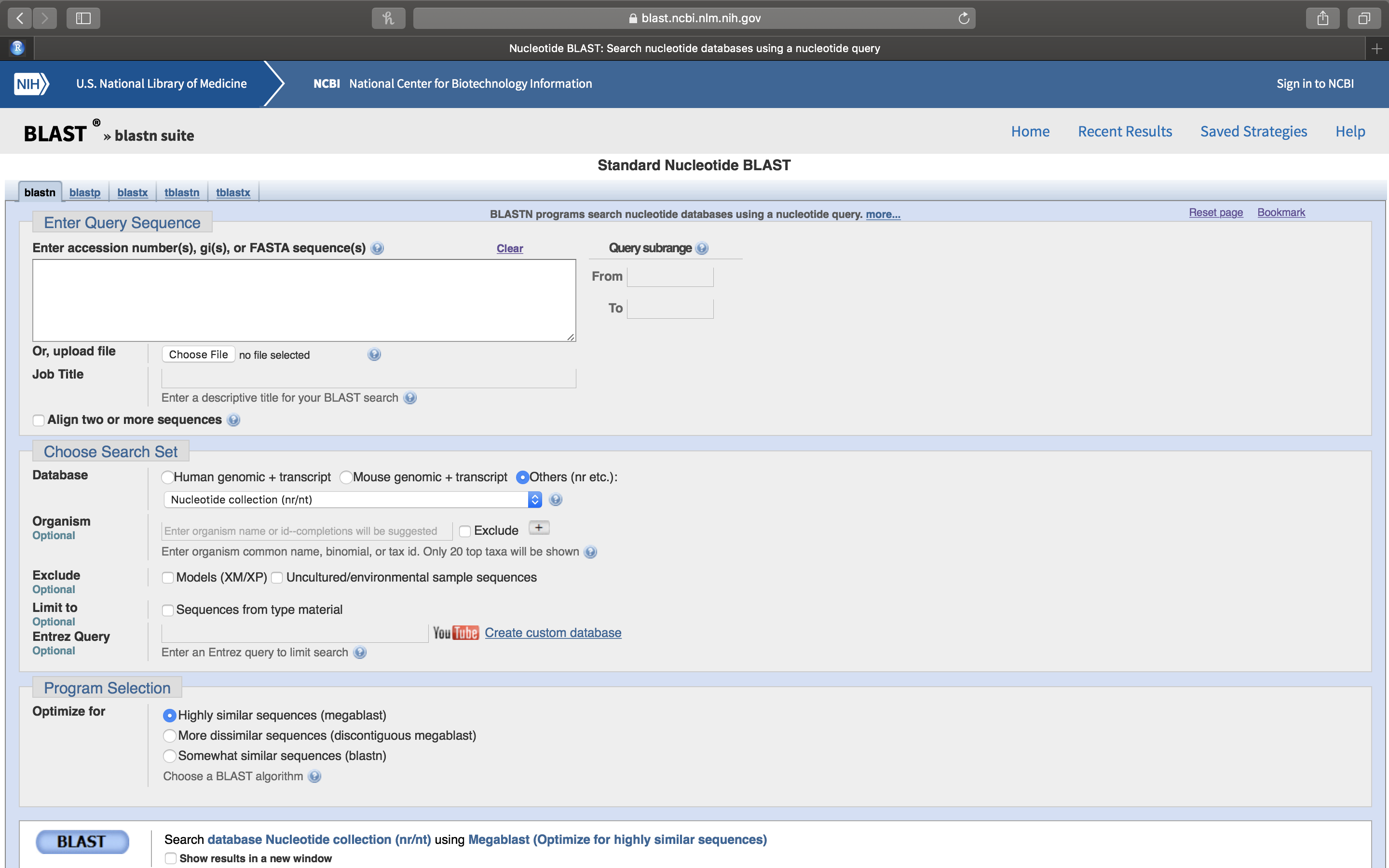 Nucleotide BLAST (BLASTN) sequence entry form.