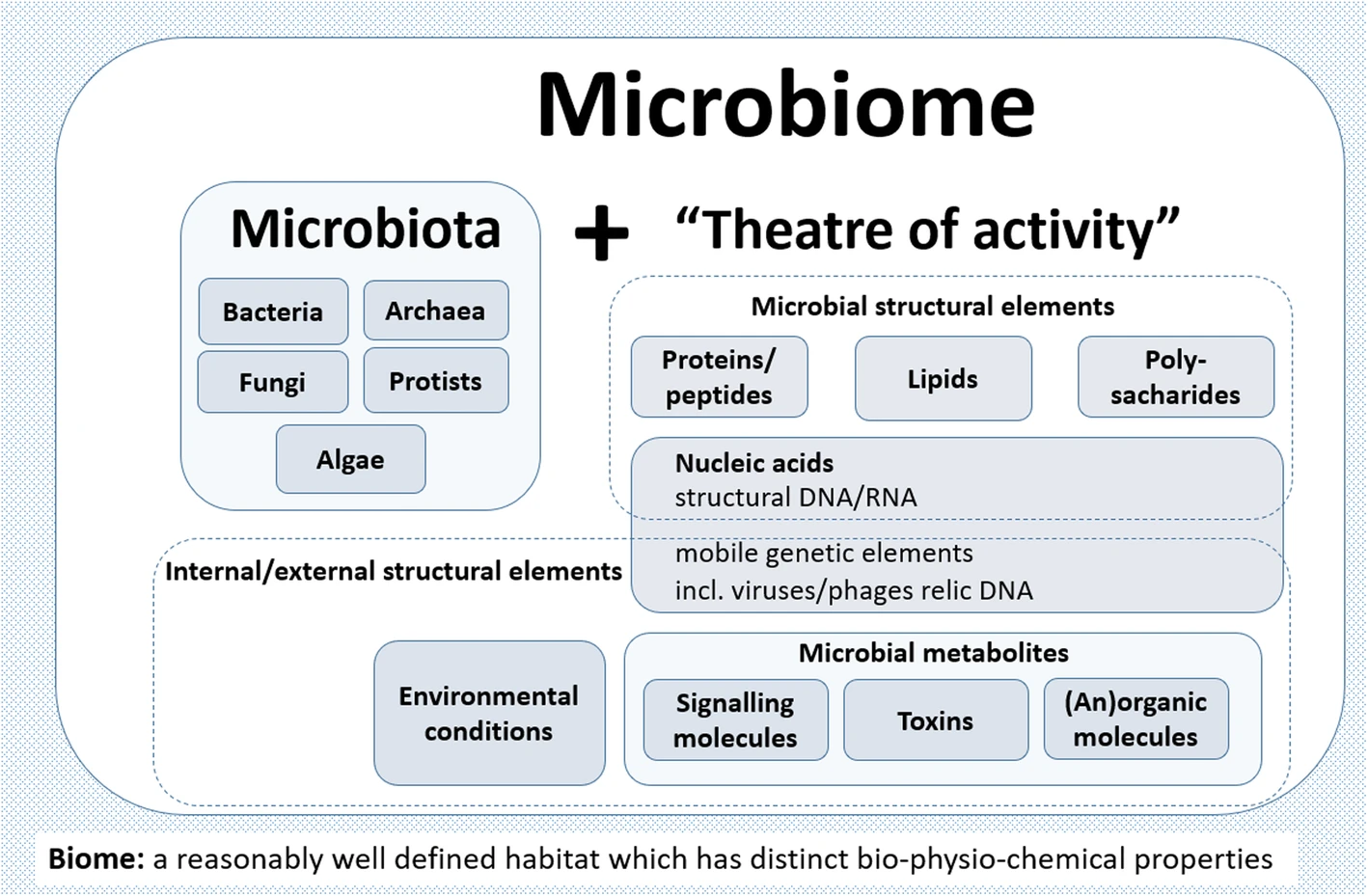 The term microbiome encompasses both the microbiota (community of microorganisms) and their “theatre of activity” (structural elements, metabolites/signal molecules, and the surrounding environmental conditions.