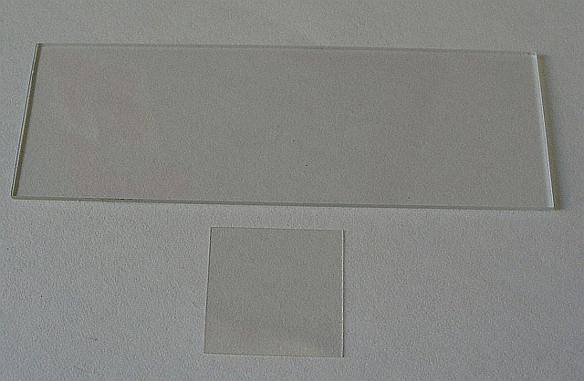 A microscope slide (top) and a cover slip (bottom).